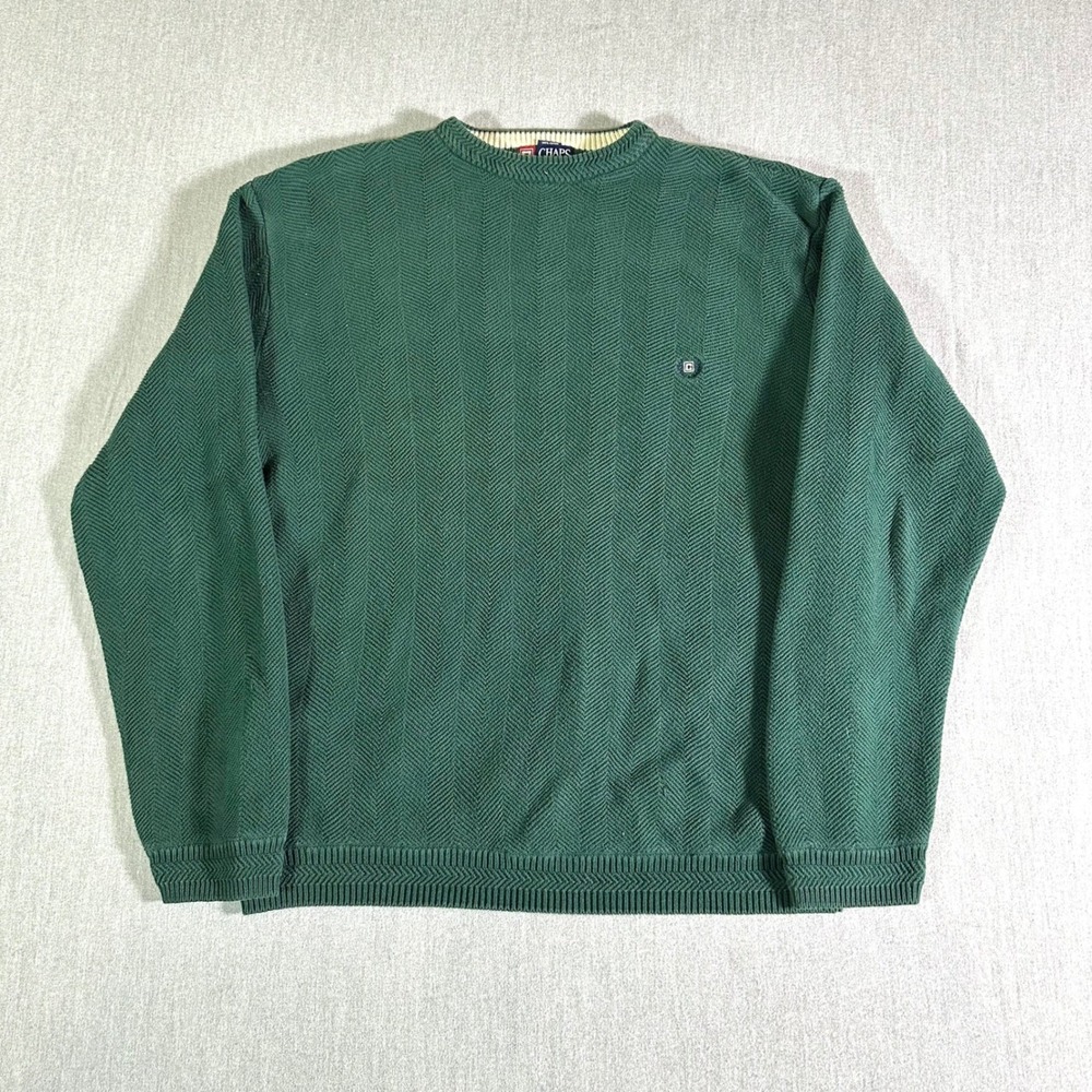 Chaps‎ Sweater Mens XL Green Pullover Crewneck Herringbone Textured Knit Cotton